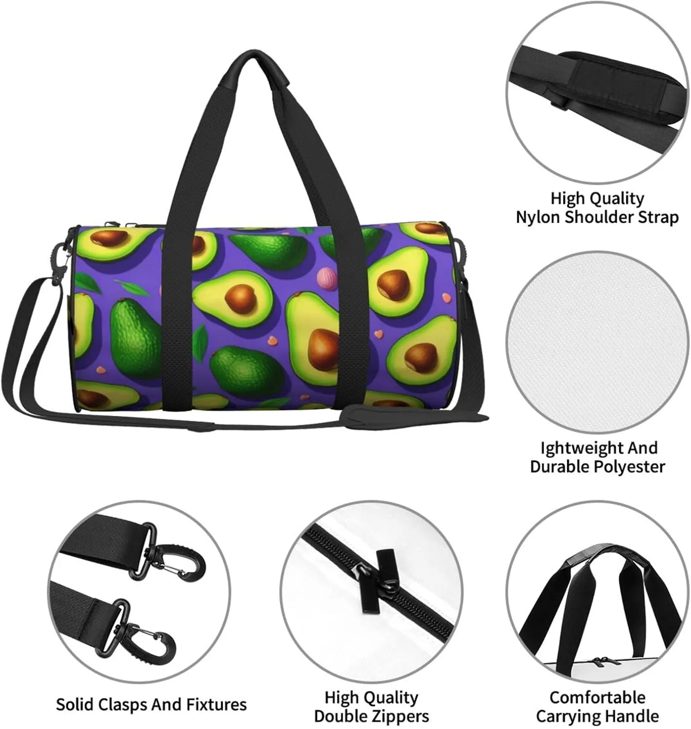 Avocado Pattern Printed Travel Bag,Round Personal Item Storage bag,Foldie Duffel Bag for Traveling Vacation,Fitness,Sports