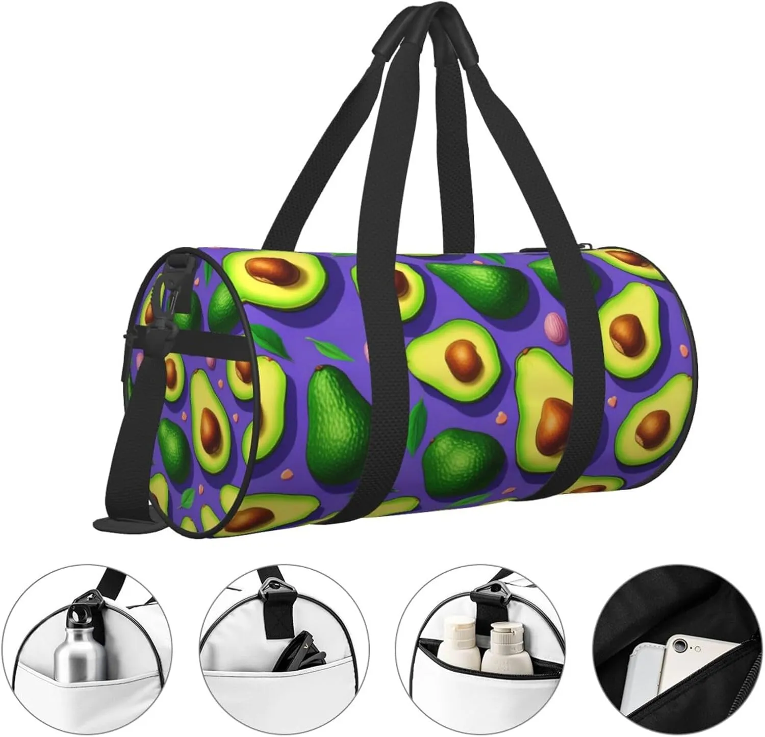 Avocado Pattern Printed Travel Bag,Round Personal Item Storage bag,Foldie Duffel Bag for Traveling Vacation,Fitness,Sports