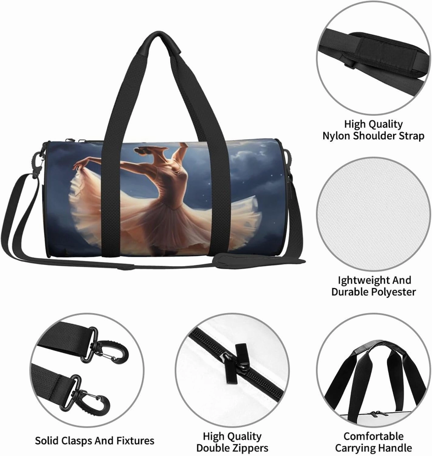Ballerina Dance Printed Travel Bag,Round Personal Item Storage bag,Foldie Duffel Bag for Traveling Vacation,Fitness,Sports