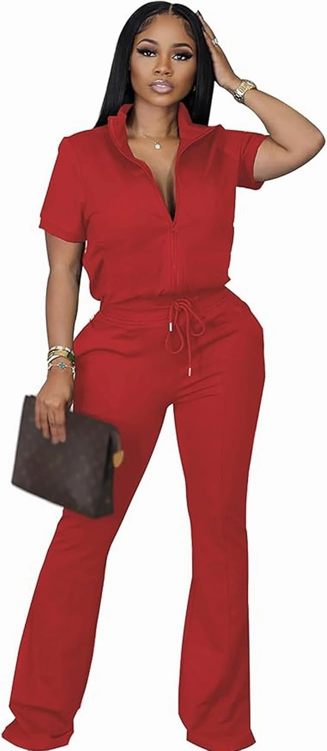 Batehif Women's Lounge Outfits Two Piece Sets 80s 90s Short Sleeve Zipper Top Flare Legging Pants
