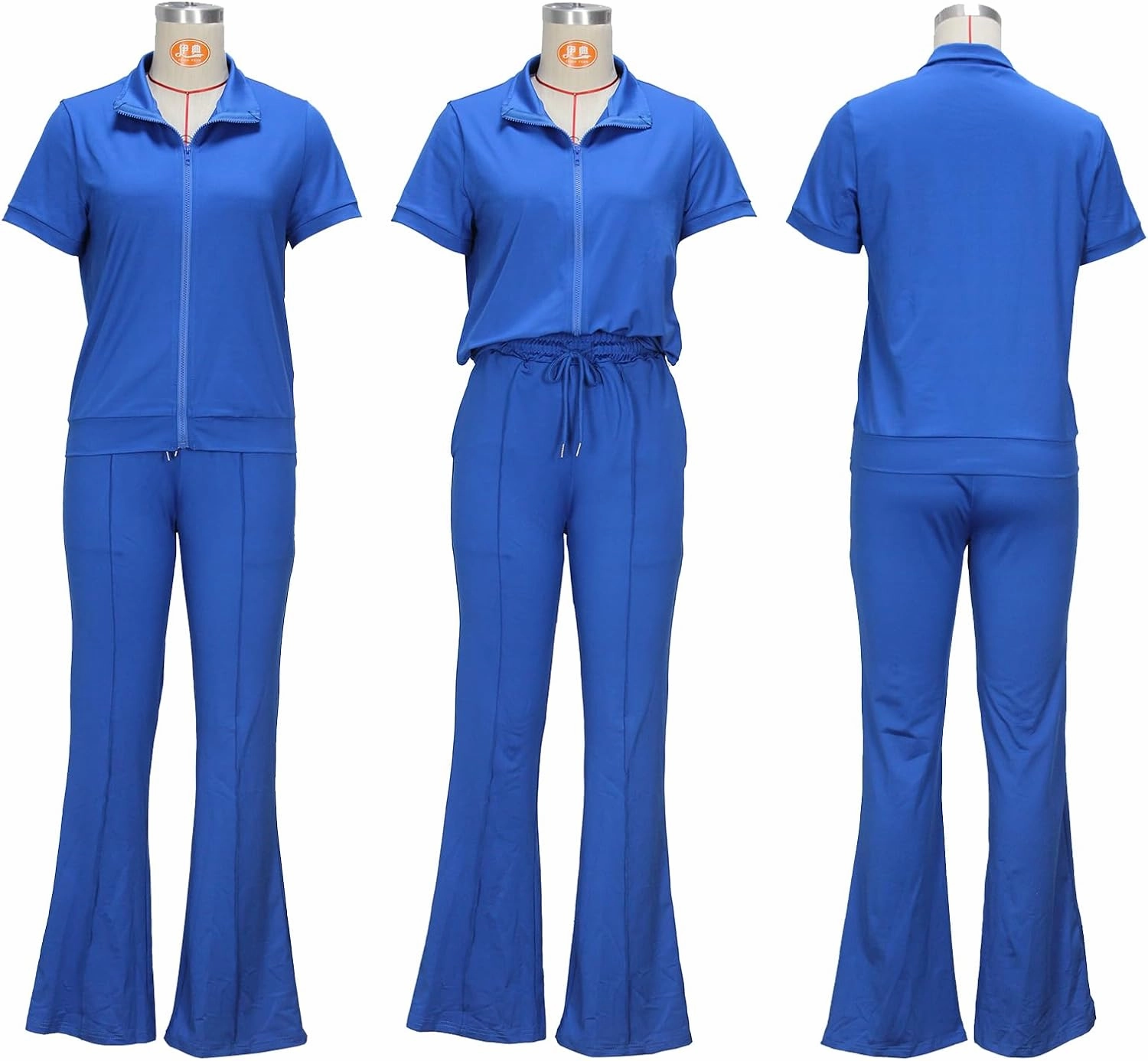 Batehif Women's Lounge Outfits Two Piece Sets 80s 90s Short Sleeve Zipper Top Flare Legging Pants