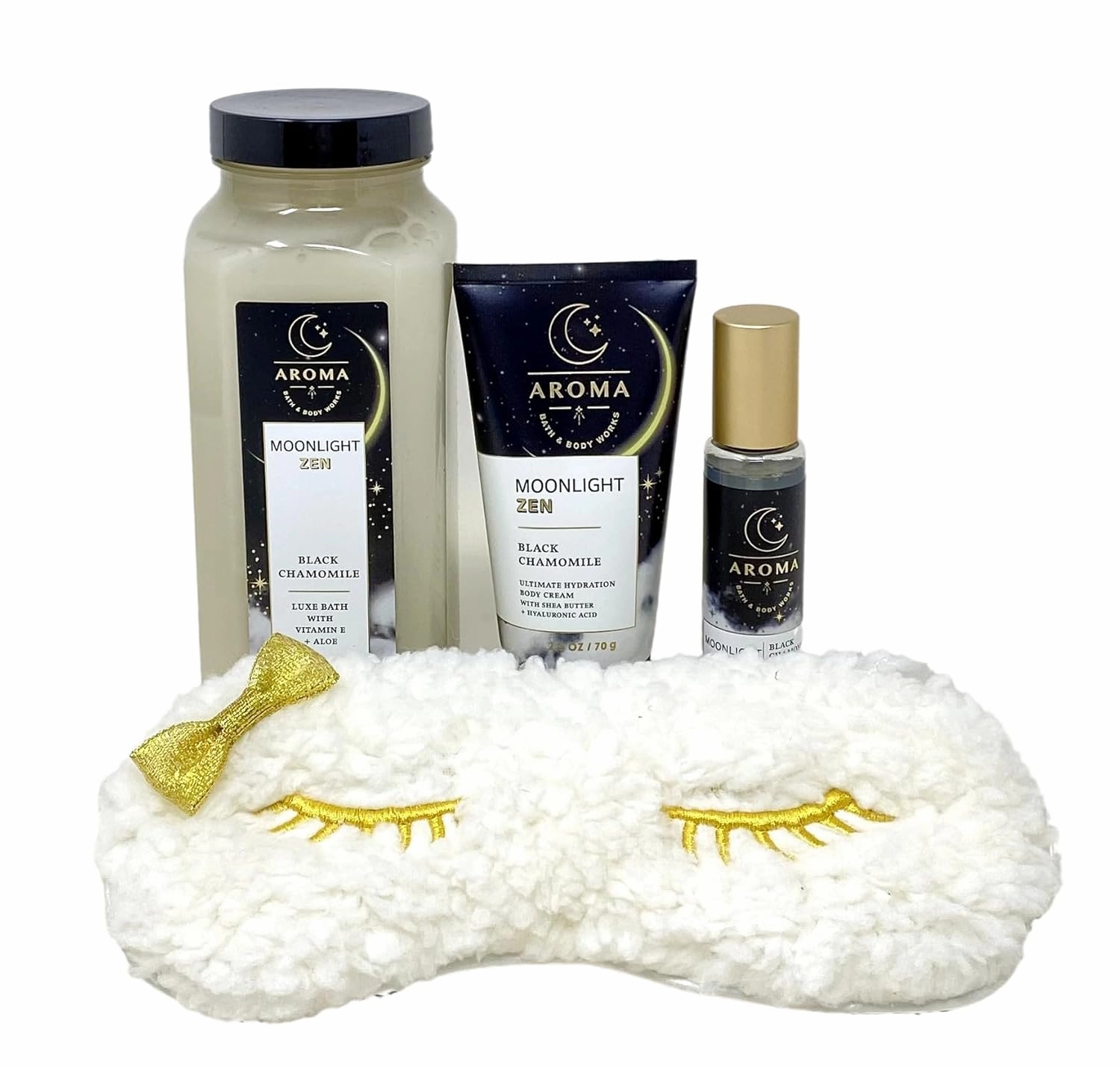 Bath and Body Work Aroma Moonlight Zen Black Chamomile 4 Piece Bundle - Luxe Bath - Travel Body Cream and Essential Oil Mist - Eye Mask
