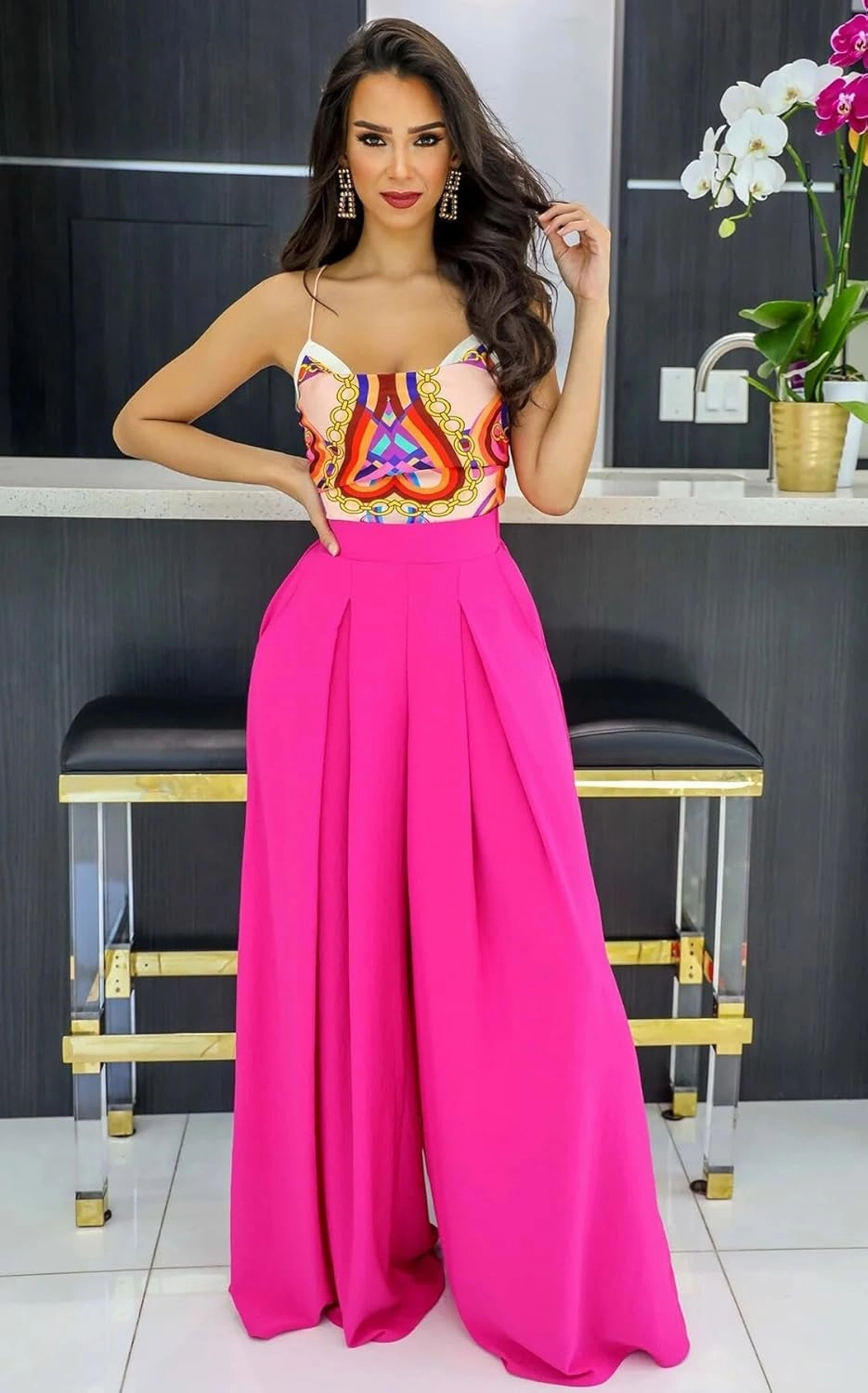 BFFBABY Womens Casual Palazzo Pants High Waist Printed Ruched Loose Flowy Lounge Wide Leg Pants (M-3XL)