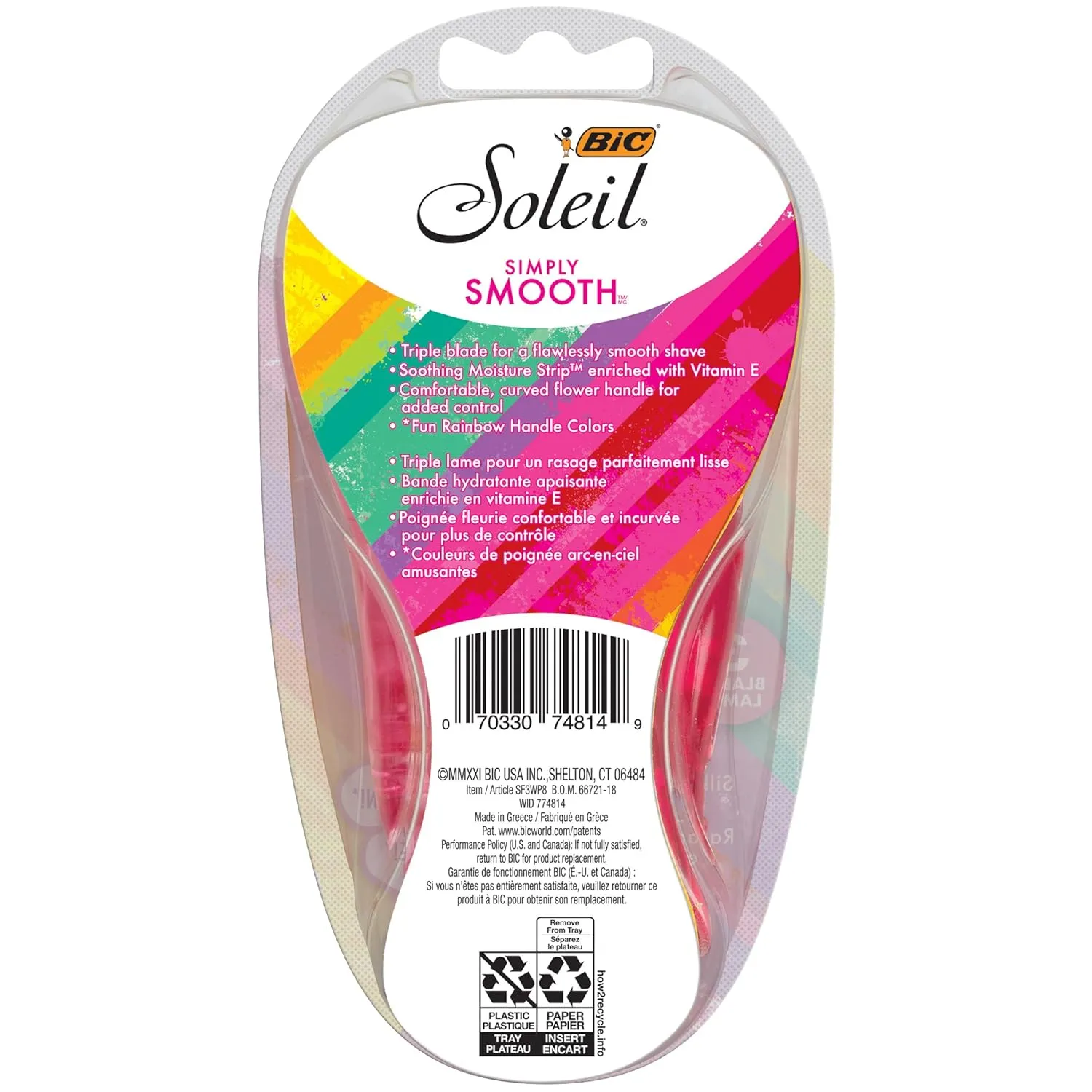 BIC Soleil Simply Smooth Women's Disposable Razors, 3 Blades With Moisture Strip For a Silky Smooth Shave, 8 Piece Razor Set (Pack of 2)