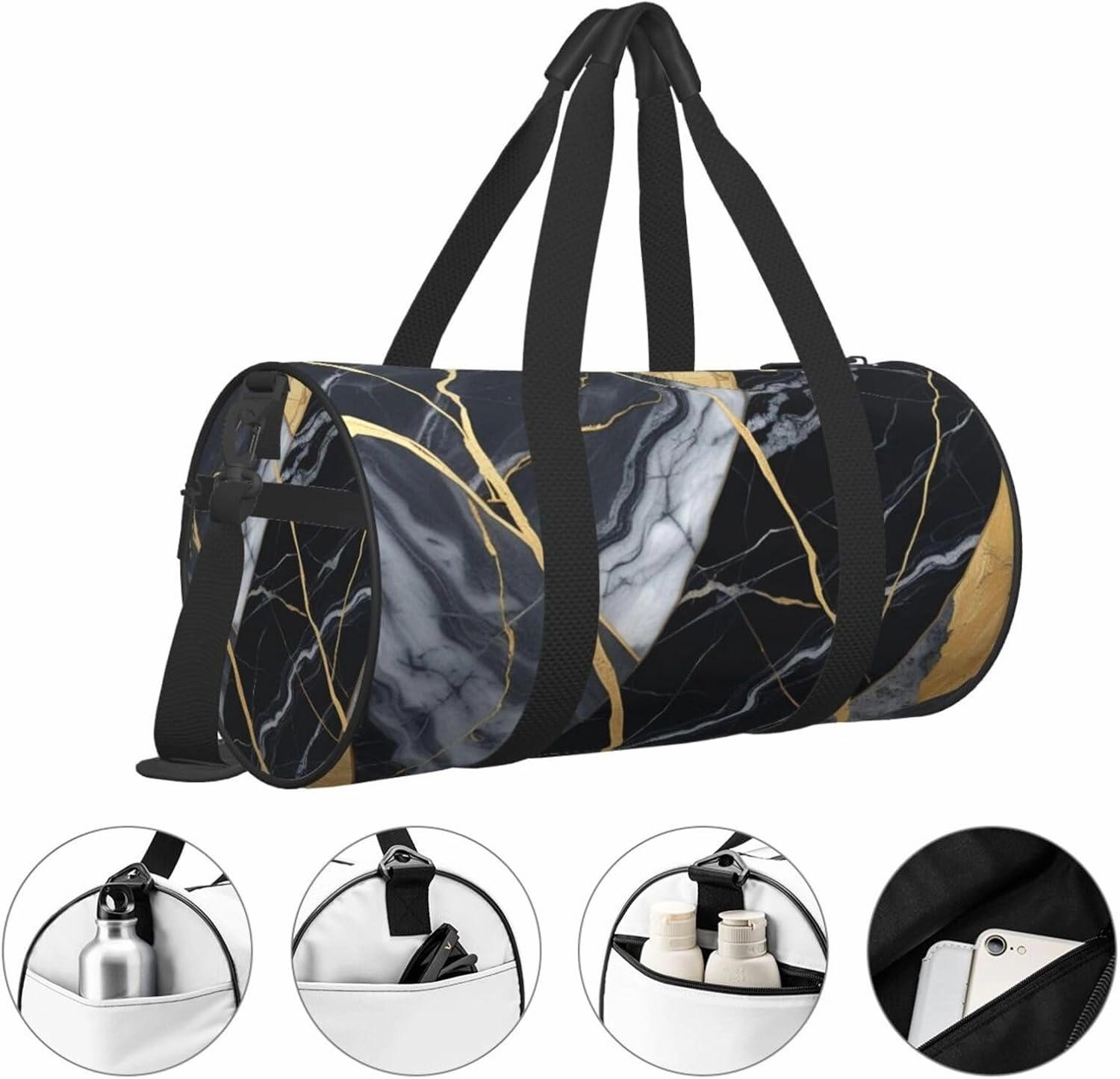 Black Gold-Marble Printed Travel Bag,Round Personal Item Storage bag,Foldie Duffel Bag for Traveling Vacation,Fitness,Sports