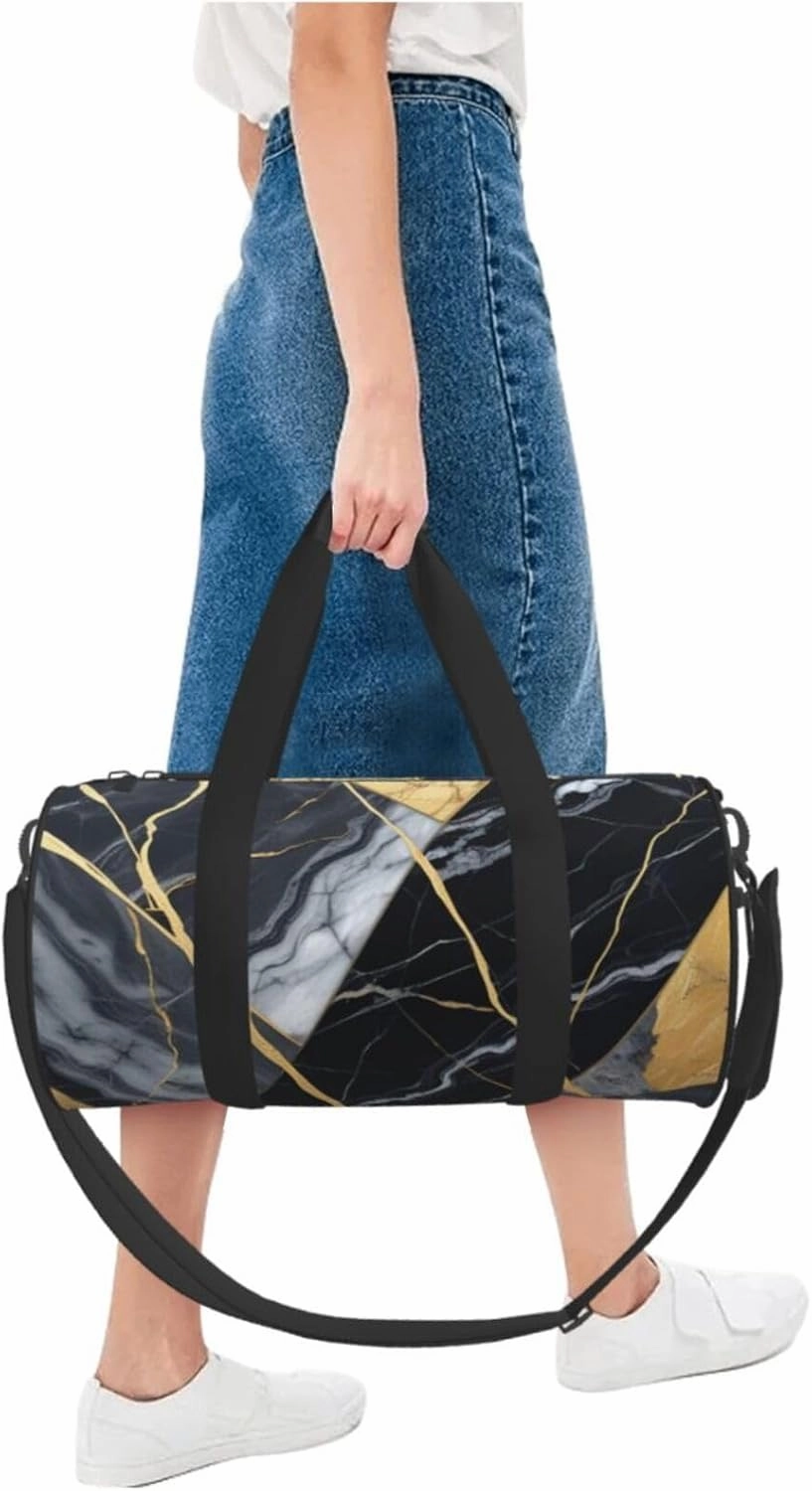 Black Gold-Marble Printed Travel Bag,Round Personal Item Storage bag,Foldie Duffel Bag for Traveling Vacation,Fitness,Sports