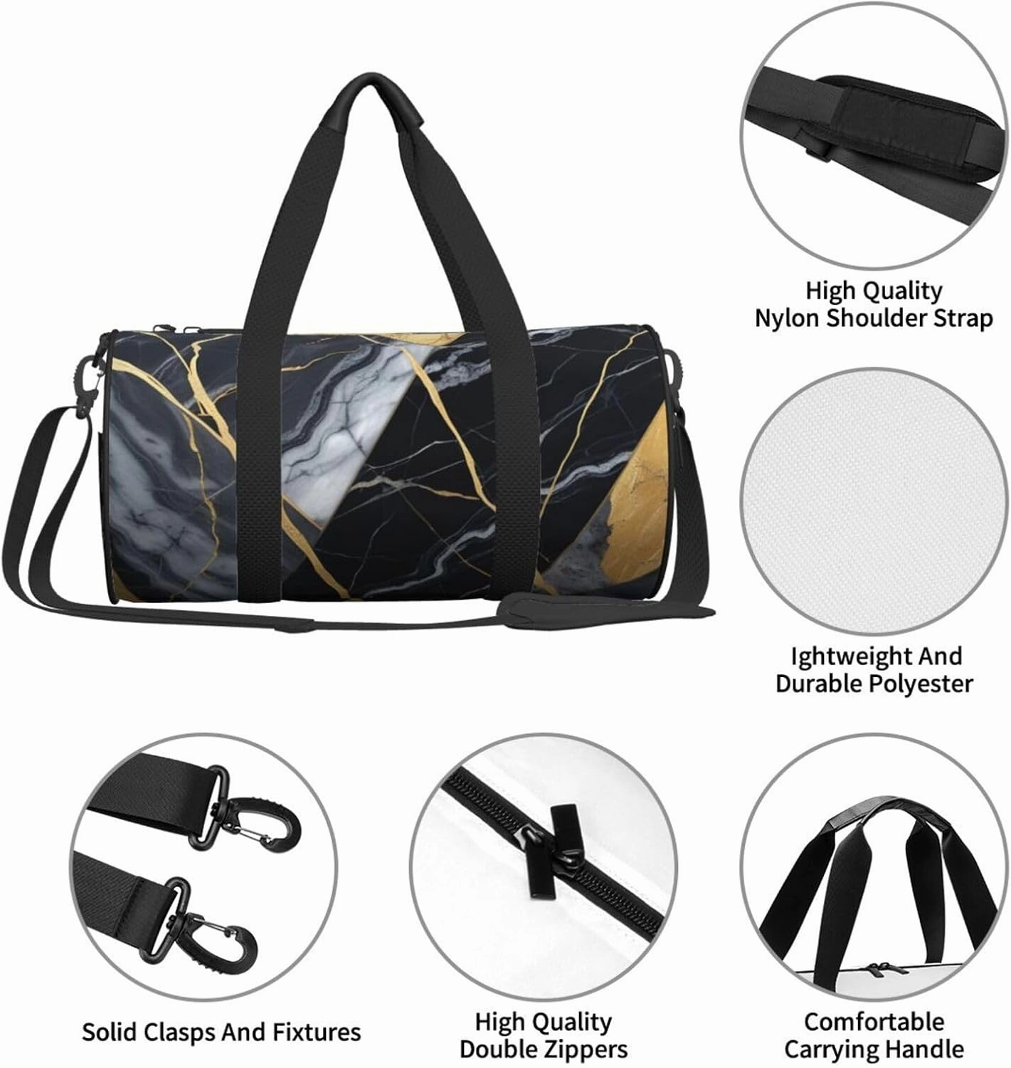 Black Gold-Marble Printed Travel Bag,Round Personal Item Storage bag,Foldie Duffel Bag for Traveling Vacation,Fitness,Sports