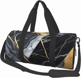 Black Gold-Marble Printed Travel Bag,Round Personal Item Storage bag,Foldie Duffel Bag for Traveling Vacation,Fitness,Sports