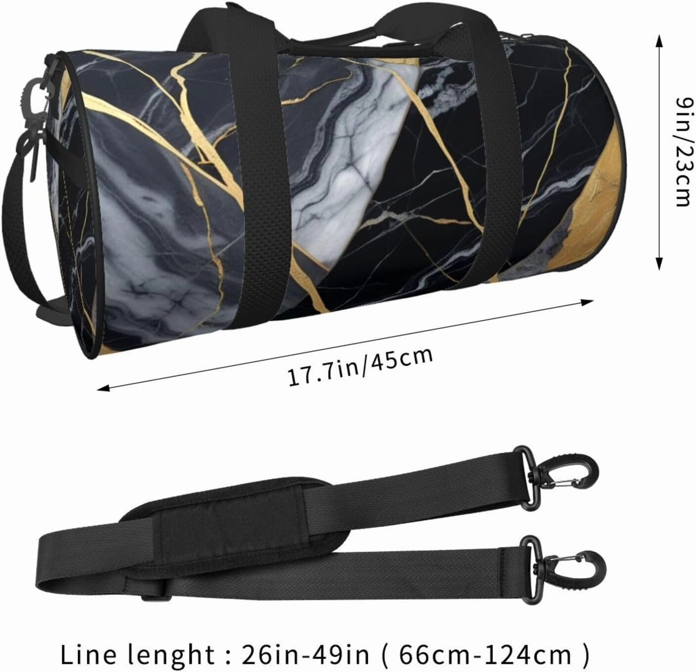 Black Gold-Marble Printed Travel Bag,Round Personal Item Storage bag,Foldie Duffel Bag for Traveling Vacation,Fitness,Sports