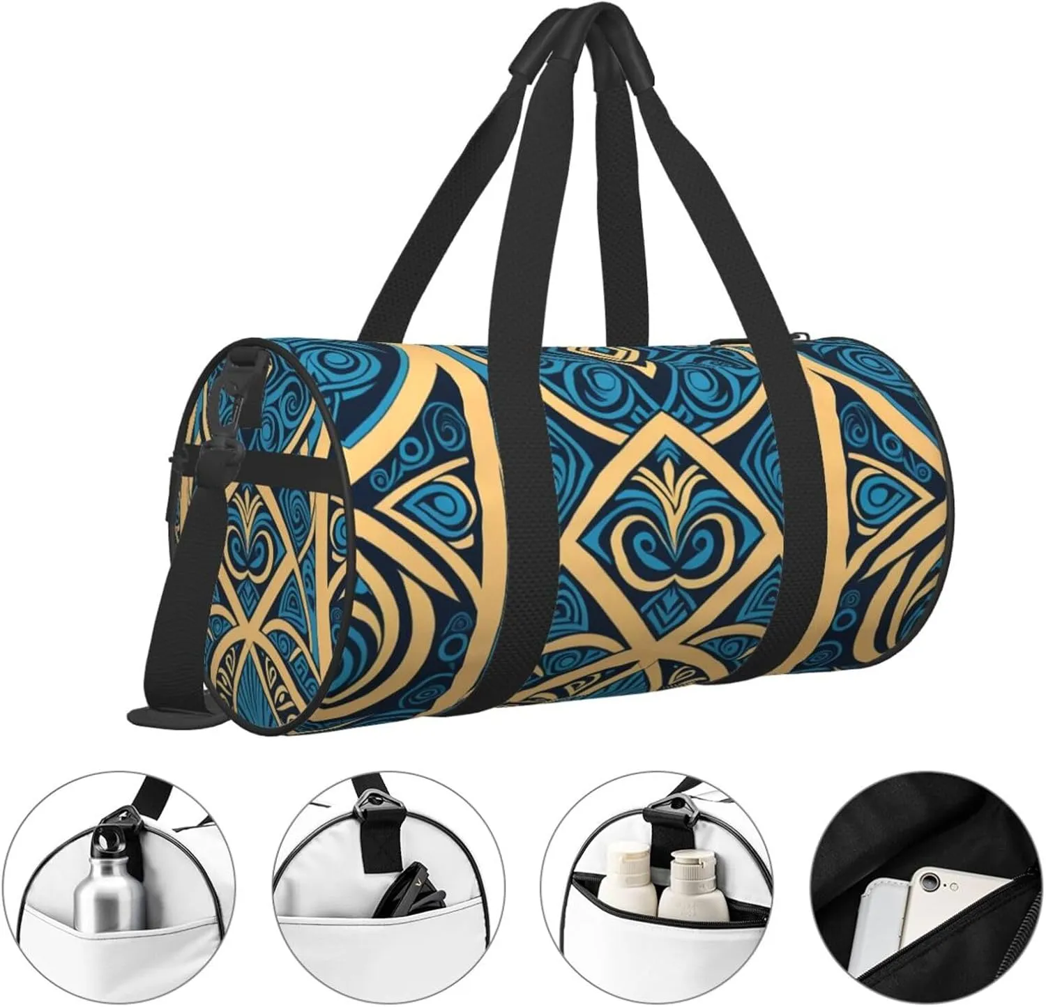 Blue Polynesian Maori Tribal Pattern Printed Travel Bag,Round Personal Item Storage bag,Foldie Duffel Bag for Traveling Vacation,Fitness,Sports