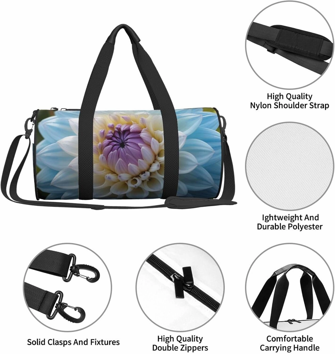Blue Dahlia Flower Printed Travel Bag,Round Personal Item Storage bag,Foldie Duffel Bag for Traveling Vacation,Fitness,Sports