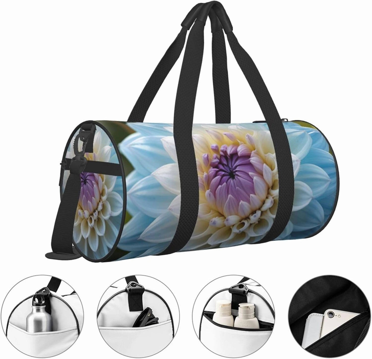 Blue Dahlia Flower Printed Travel Bag,Round Personal Item Storage bag,Foldie Duffel Bag for Traveling Vacation,Fitness,Sports
