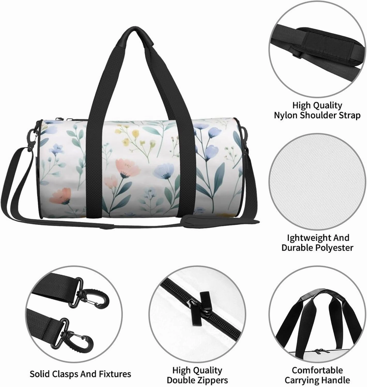 Blue Flower Floral Pattern Roses Printed Travel Bag,Round Personal Item Storage bag,Foldie Duffel Bag for Traveling Vacation,Fitness,Sports