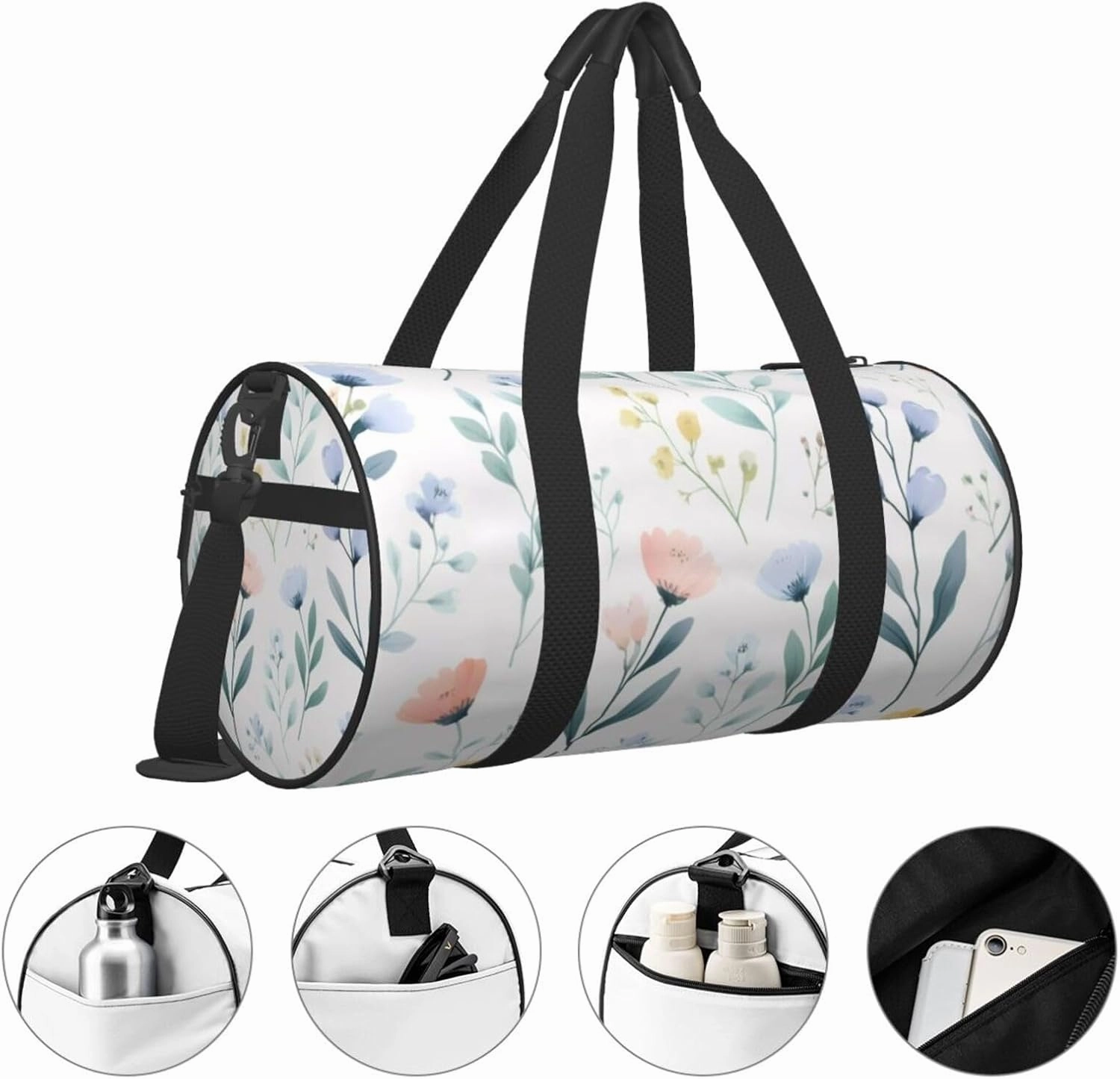 Blue Flower Floral Pattern Roses Printed Travel Bag,Round Personal Item Storage bag,Foldie Duffel Bag for Traveling Vacation,Fitness,Sports