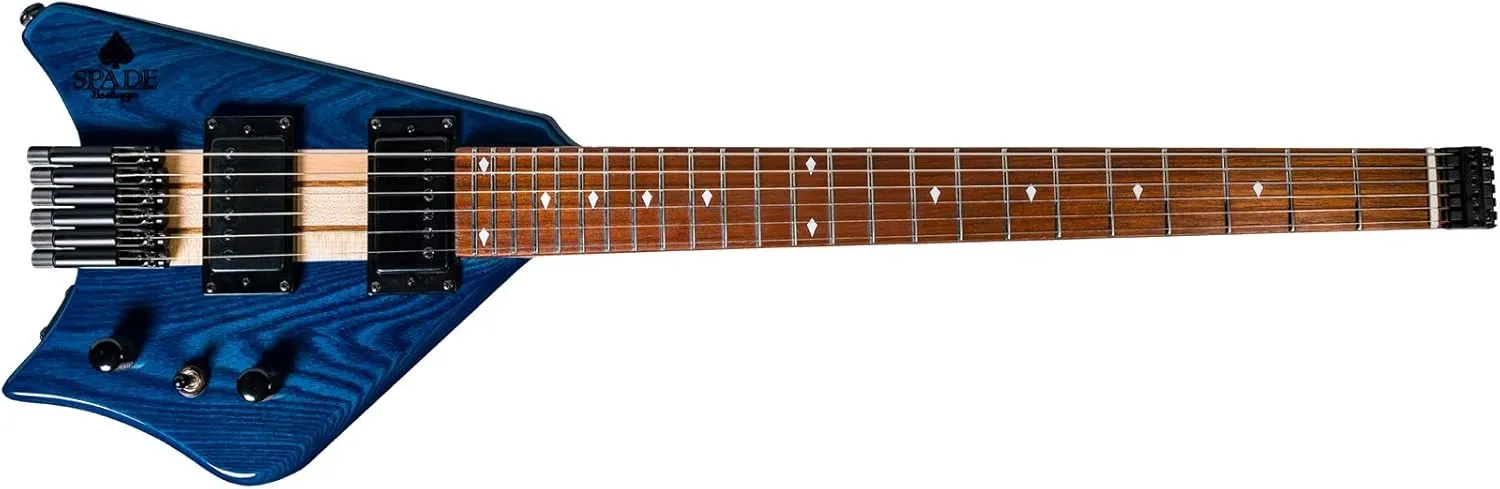 Bootlegger Guitar Spade Blue HH & Custom CaseTravel Guitar Electric Headless Standard Strings Boutique Small Traveler Ready Record Gig Full Scale With Stiletto Hard Case Small Electric Guitar