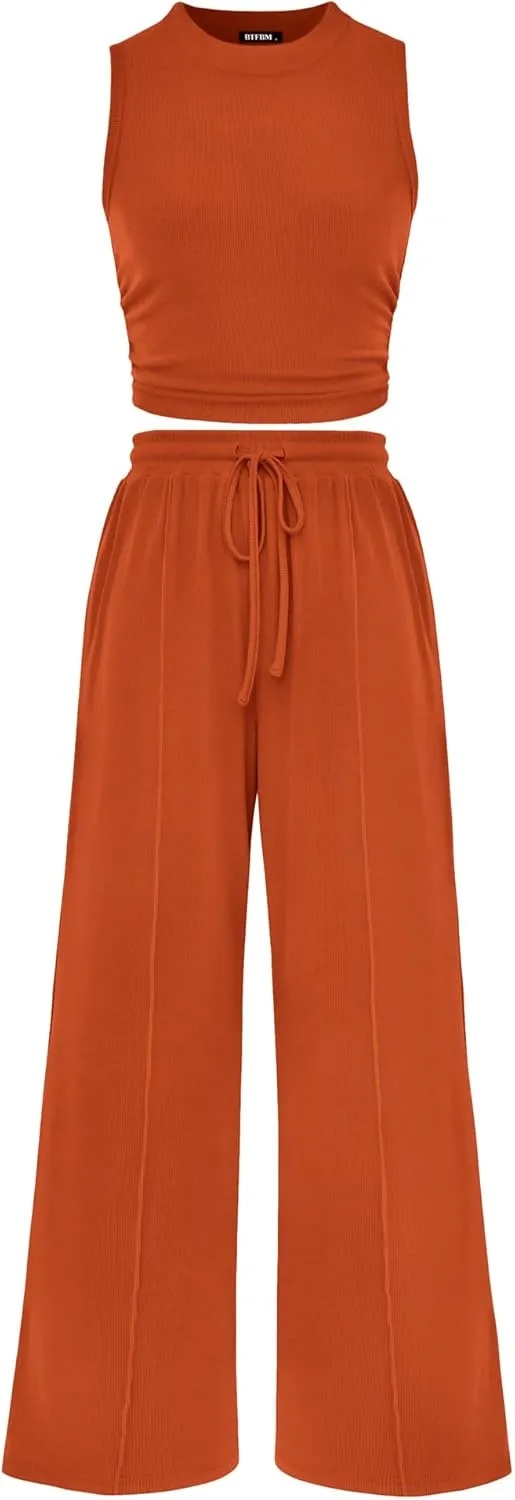 BTFBM Women Summer 2 Piece Outfits 2025 Beach Crew Neck Sleeveless Cropped Top Elastic Waist Wide Leg Pants Lounge Set