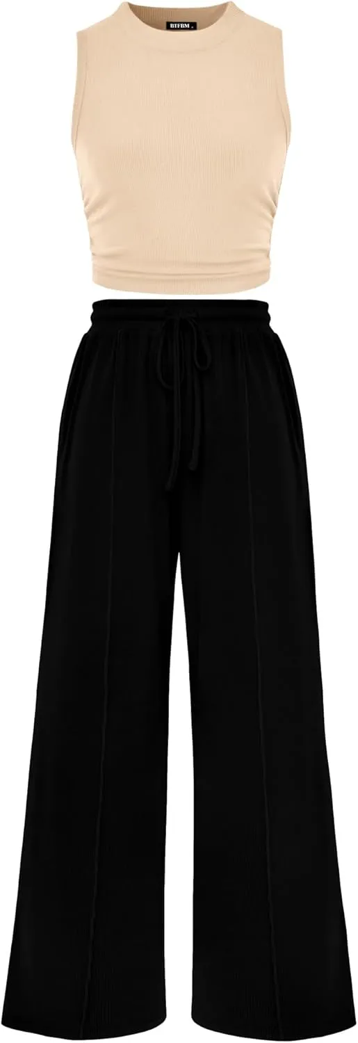 BTFBM Women Summer 2 Piece Outfits 2025 Beach Crew Neck Sleeveless Cropped Top Elastic Waist Wide Leg Pants Lounge Set