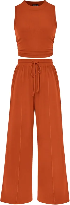 BTFBM Women Summer 2 Piece Outfits 2025 Beach Crew Neck Sleeveless Cropped Top Elastic Waist Wide Leg Pants Lounge Set