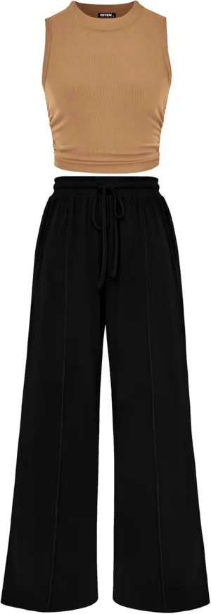 BTFBM Women Summer 2 Piece Outfits 2025 Beach Crew Neck Sleeveless Cropped Top Elastic Waist Wide Leg Pants Lounge Set