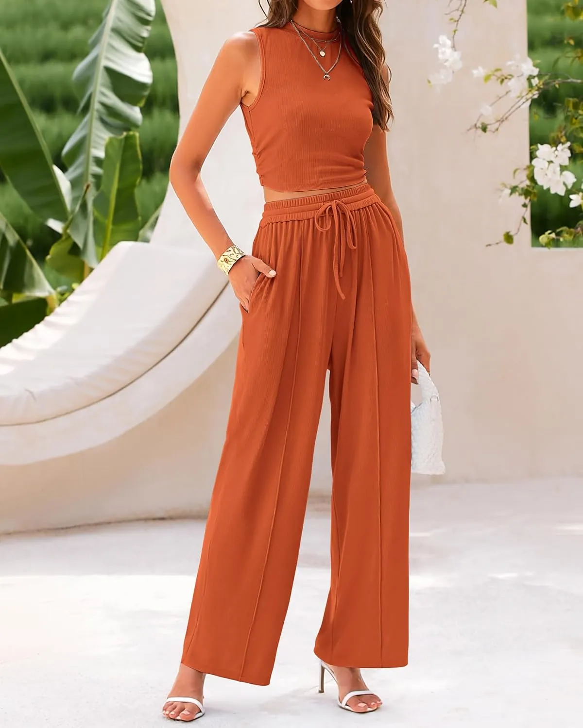BTFBM Women Summer 2 Piece Outfits 2025 Beach Crew Neck Sleeveless Cropped Top Elastic Waist Wide Leg Pants Lounge Set