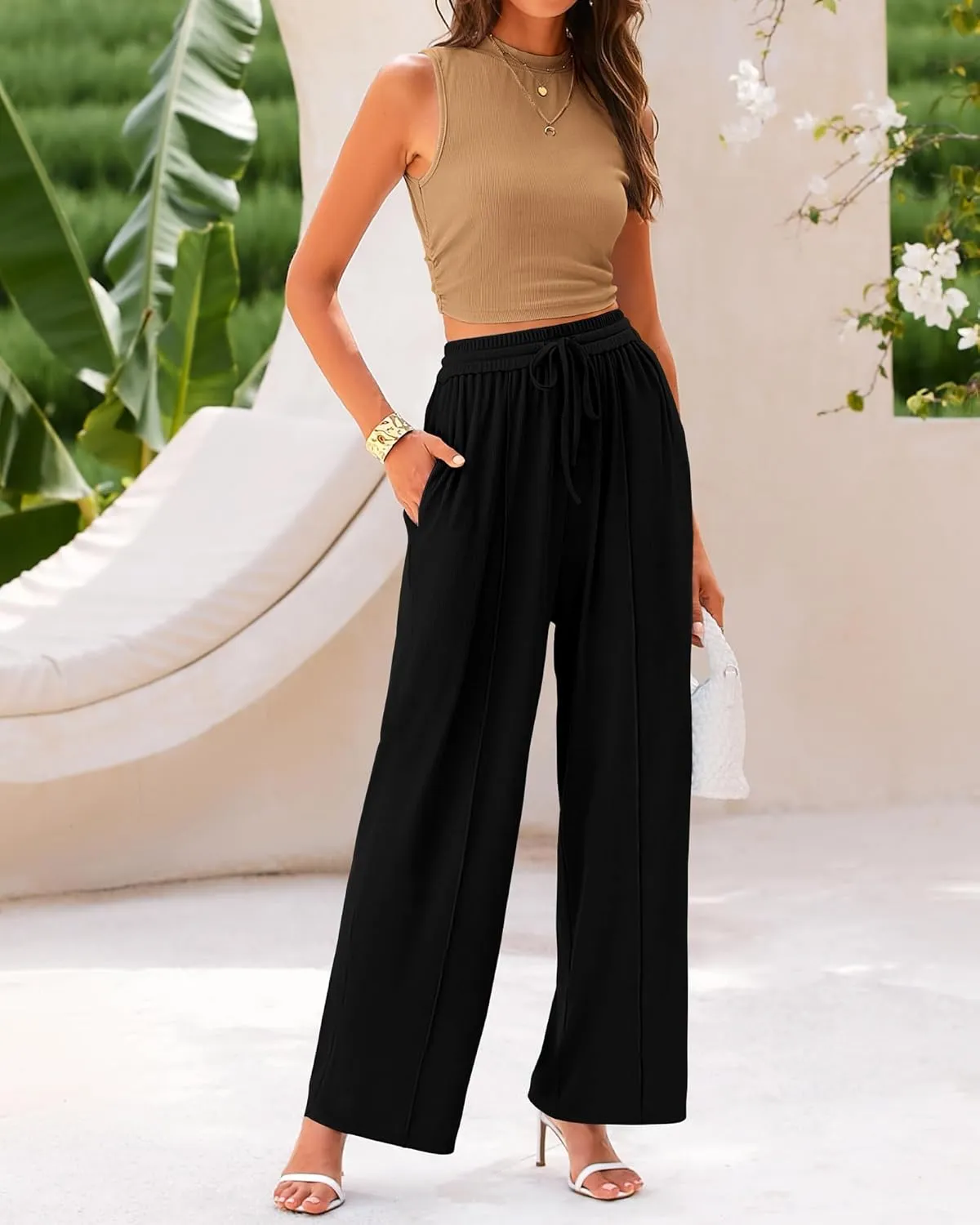 BTFBM Women Summer 2 Piece Outfits 2025 Beach Crew Neck Sleeveless Cropped Top Elastic Waist Wide Leg Pants Lounge Set