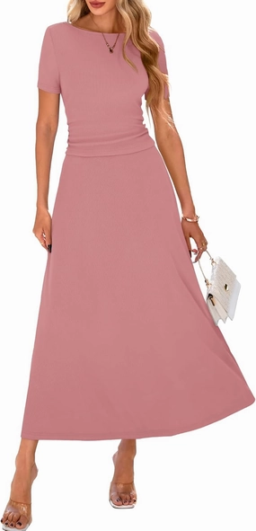 BTFBM 2025 Women's Summer 2 Piece Outfits Spring Crewneck Short Sleeve Ruched Bodycon Tops Flowy Knit Maxi Skirt Sets