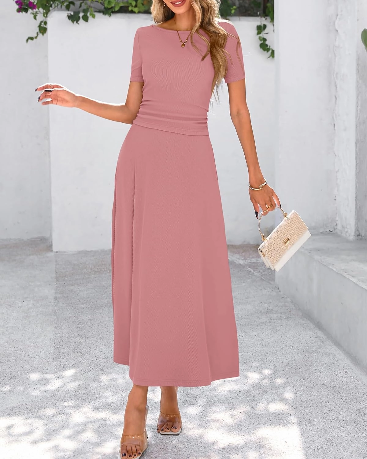 BTFBM 2025 Women's Summer 2 Piece Outfits Spring Crewneck Short Sleeve Ruched Bodycon Tops Flowy Knit Maxi Skirt Sets