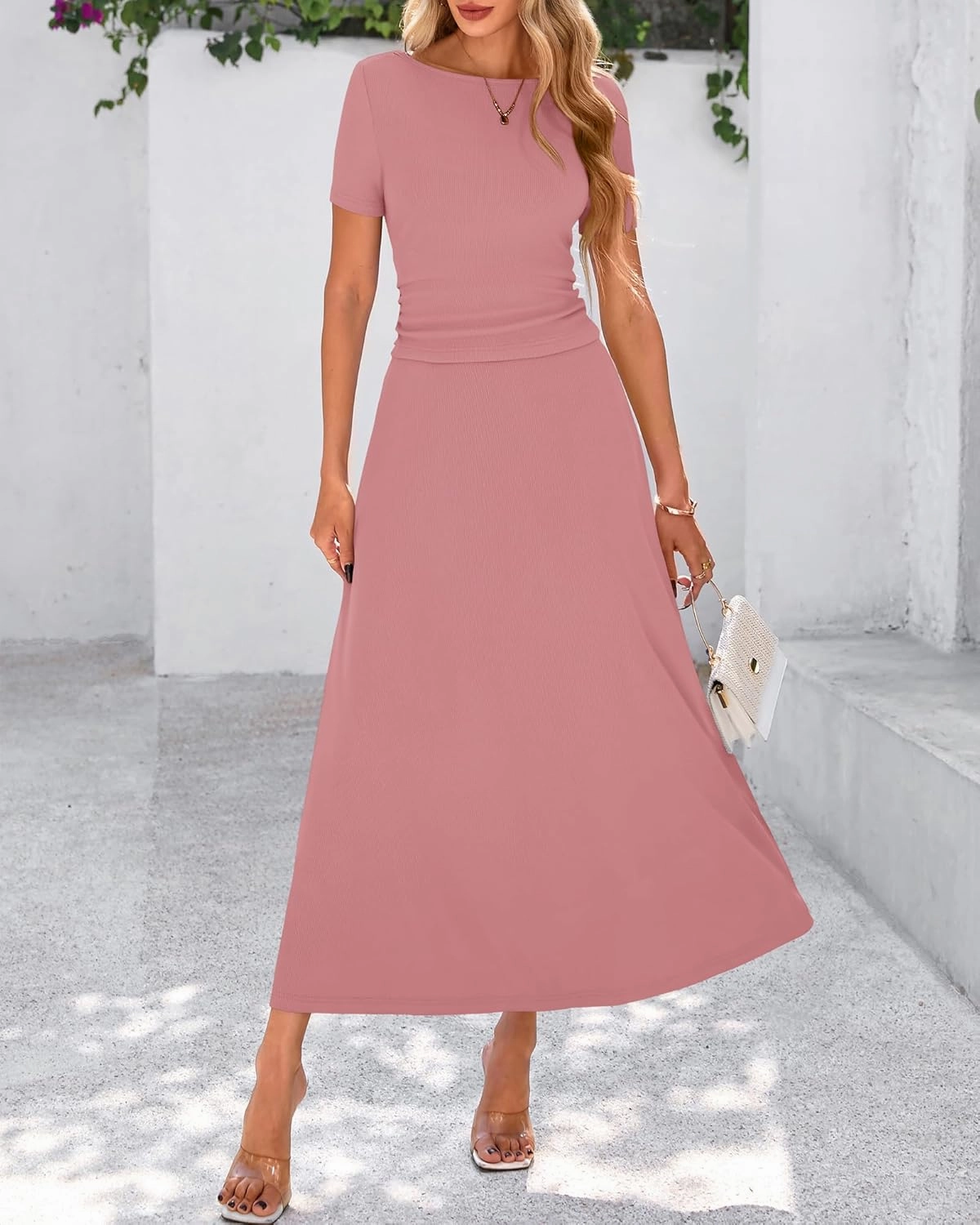 BTFBM 2025 Women's Summer 2 Piece Outfits Spring Crewneck Short Sleeve Ruched Bodycon Tops Flowy Knit Maxi Skirt Sets