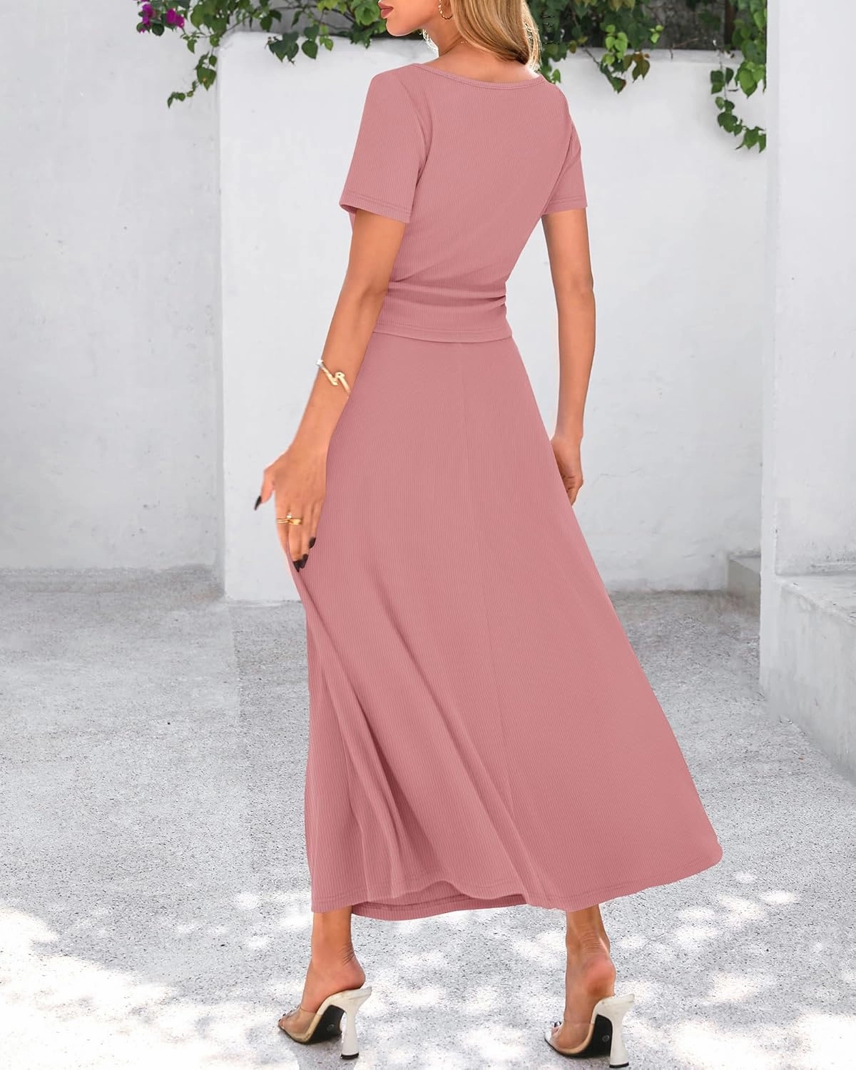 BTFBM 2025 Women's Summer 2 Piece Outfits Spring Crewneck Short Sleeve Ruched Bodycon Tops Flowy Knit Maxi Skirt Sets