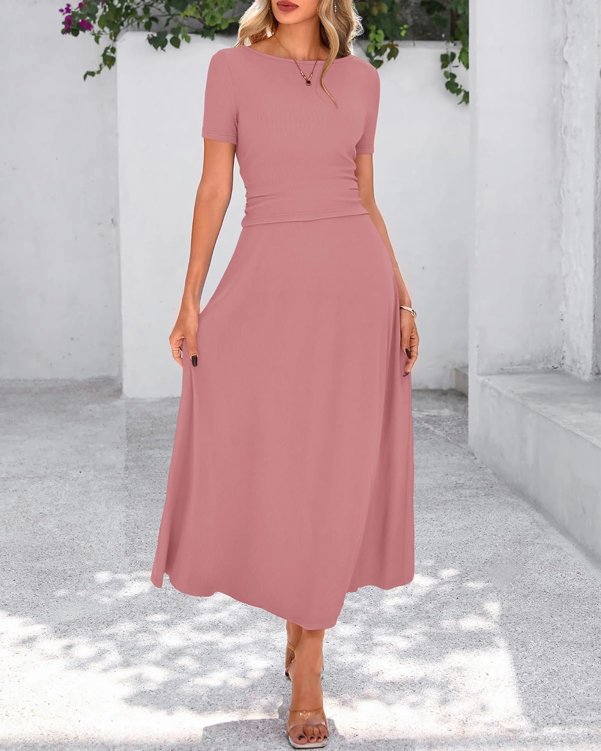 BTFBM 2025 Women's Summer 2 Piece Outfits Spring Crewneck Short Sleeve Ruched Bodycon Tops Flowy Knit Maxi Skirt Sets