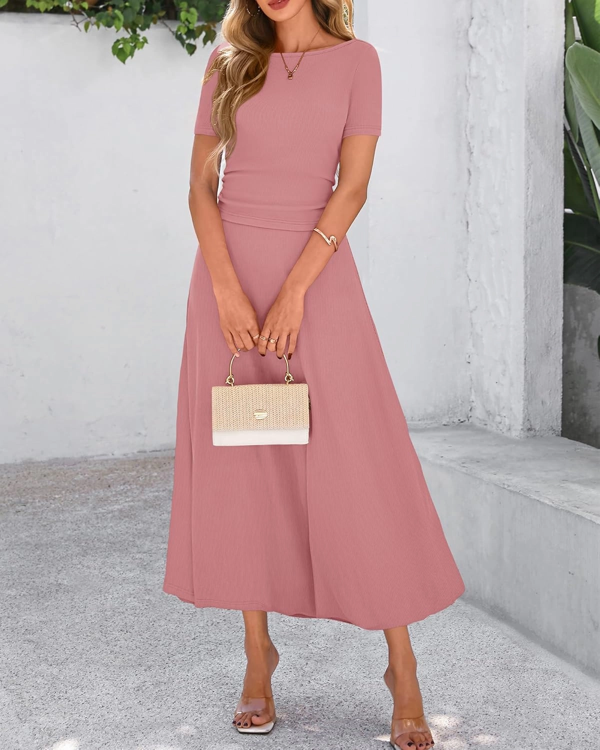 BTFBM 2025 Women's Summer 2 Piece Outfits Spring Crewneck Short Sleeve Ruched Bodycon Tops Flowy Knit Maxi Skirt Sets
