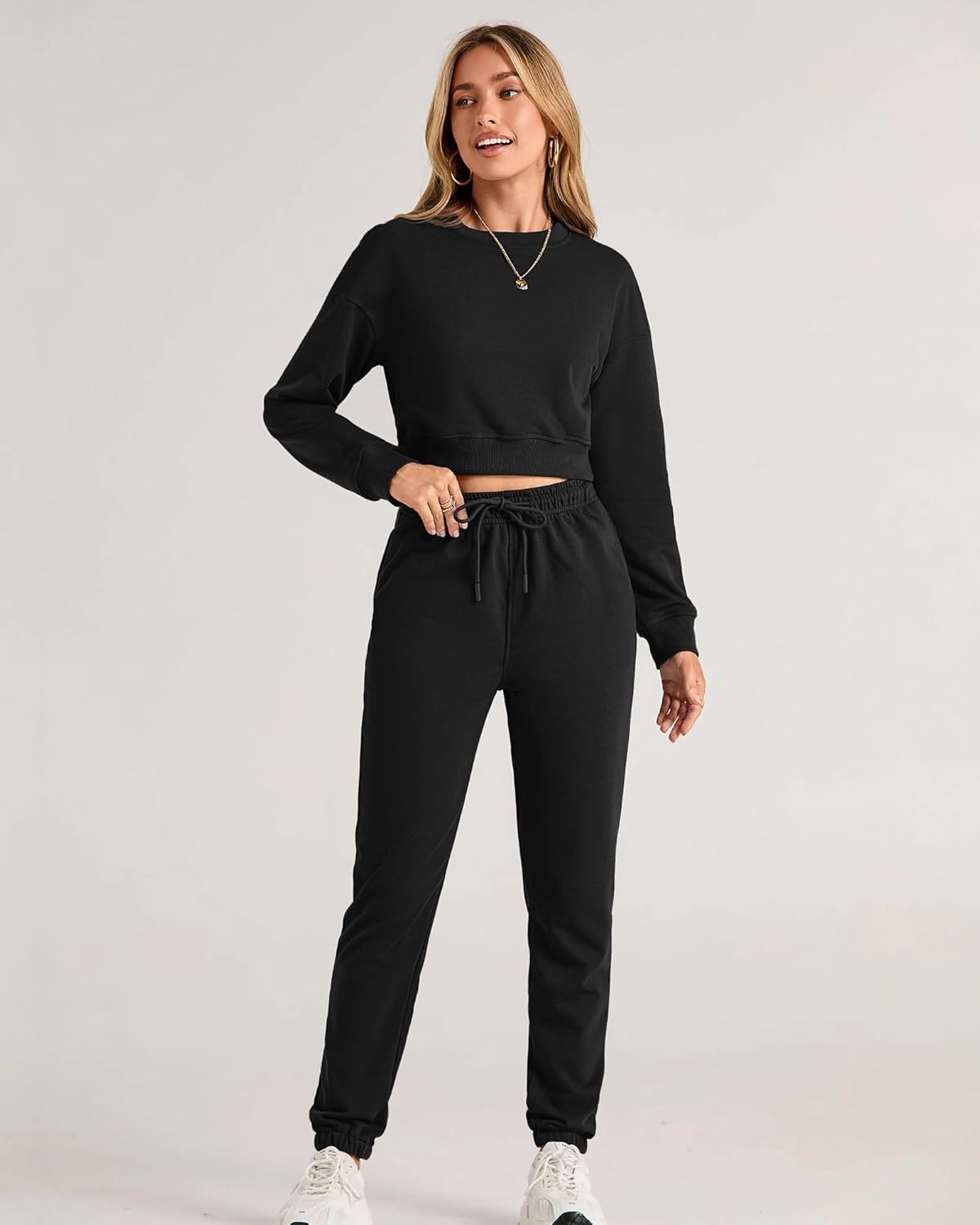 BTFBM Women 2 Piece Outfits Long Sleeve Crop Top Pullover Drawstring Pant Jogger Set Casual Sweatsuits Tracksuit Pockets