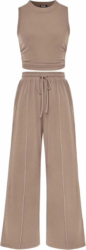 BTFBM Women Summer 2 Piece Outfits 2025 Beach Crew Neck Sleeveless Cropped Top Elastic Waist Wide Leg Pants Lounge Set