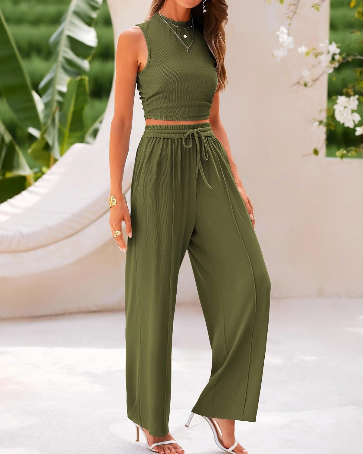 BTFBM Women Summer 2 Piece Outfits 2025 Beach Crew Neck Sleeveless Cropped Top Elastic Waist Wide Leg Pants Lounge Set
