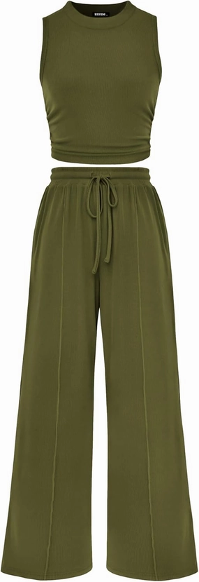 BTFBM Women Summer 2 Piece Outfits 2025 Beach Crew Neck Sleeveless Cropped Top Elastic Waist Wide Leg Pants Lounge Set