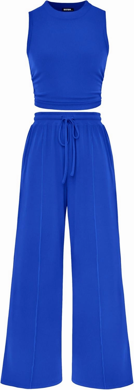 BTFBM Women Summer 2 Piece Outfits 2025 Beach Crew Neck Sleeveless Cropped Top Elastic Waist Wide Leg Pants Lounge Set