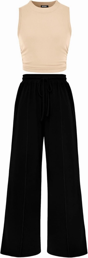 BTFBM Women Summer 2 Piece Outfits 2025 Beach Crew Neck Sleeveless Cropped Top Elastic Waist Wide Leg Pants Lounge Set