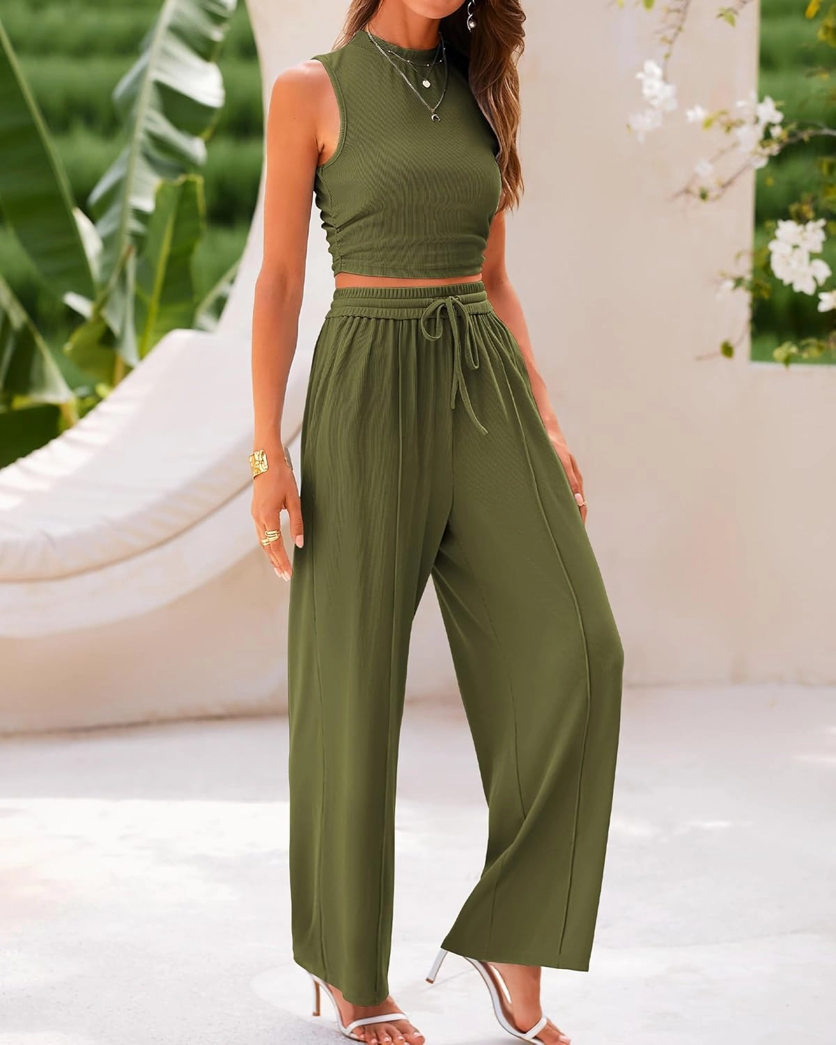 BTFBM Women Summer 2 Piece Outfits 2025 Beach Crew Neck Sleeveless Cropped Top Elastic Waist Wide Leg Pants Lounge Set