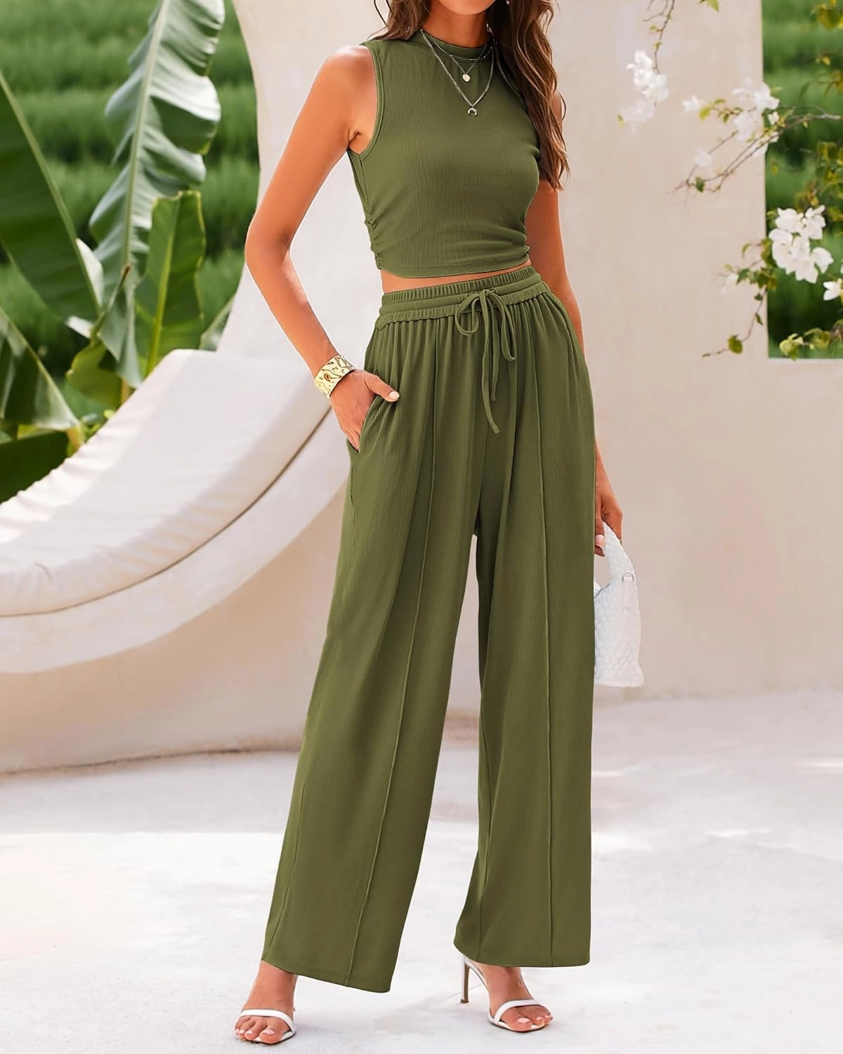 BTFBM Women Summer 2 Piece Outfits 2025 Beach Crew Neck Sleeveless Cropped Top Elastic Waist Wide Leg Pants Lounge Set