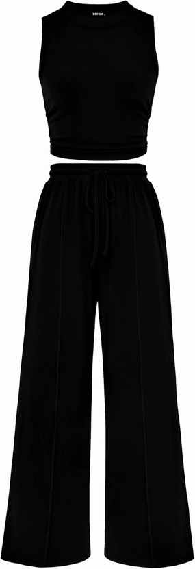 BTFBM Women Summer 2 Piece Outfits 2025 Beach Crew Neck Sleeveless Cropped Top Elastic Waist Wide Leg Pants Lounge Set