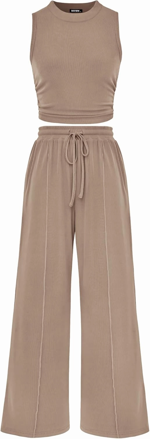 BTFBM Women Summer 2 Piece Outfits 2025 Beach Crew Neck Sleeveless Cropped Top Elastic Waist Wide Leg Pants Lounge Set
