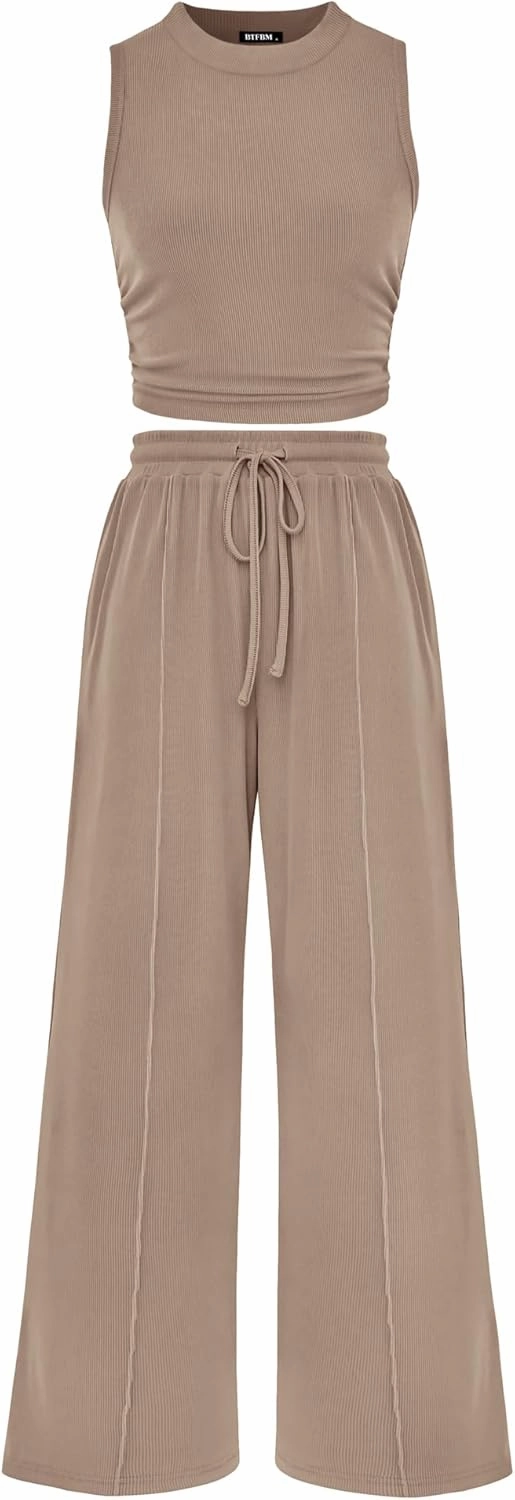 BTFBM Women Summer 2 Piece Outfits 2025 Beach Crew Neck Sleeveless Cropped Top Elastic Waist Wide Leg Pants Lounge Set