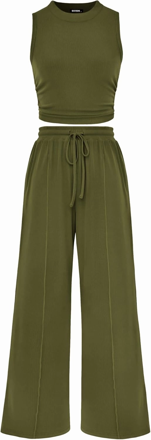BTFBM Women Summer 2 Piece Outfits 2025 Beach Crew Neck Sleeveless Cropped Top Elastic Waist Wide Leg Pants Lounge Set
