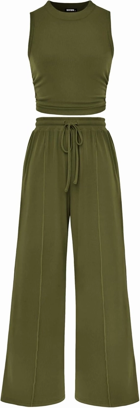 BTFBM Women Summer 2 Piece Outfits 2025 Beach Crew Neck Sleeveless Cropped Top Elastic Waist Wide Leg Pants Lounge Set