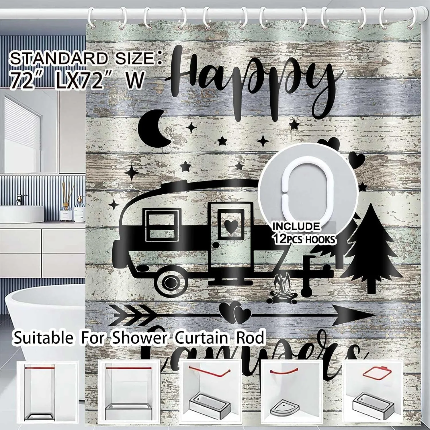 Camper RV Shower Curtain for Travel Trailer Bathroom,Small Narrow Shorter Fabric Shower Curtains for Campsite Outdoors RV Travel Hiking,Hooks Include,36"X72"