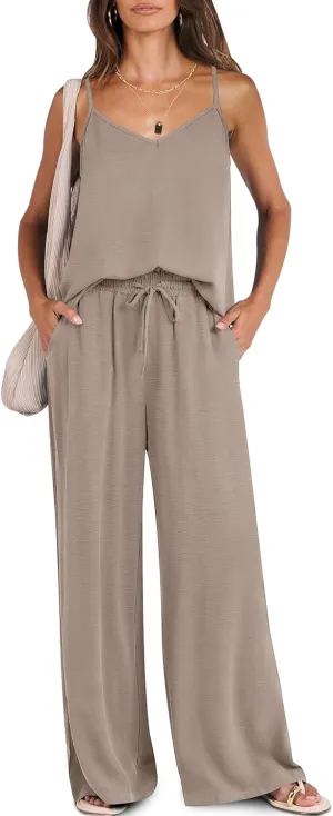 Caracilia 2 Piece Lounge Sets for Women Summer Casual Matching Wide Leg Pants Beach Travel Vacation 2025 Trendy Outfits