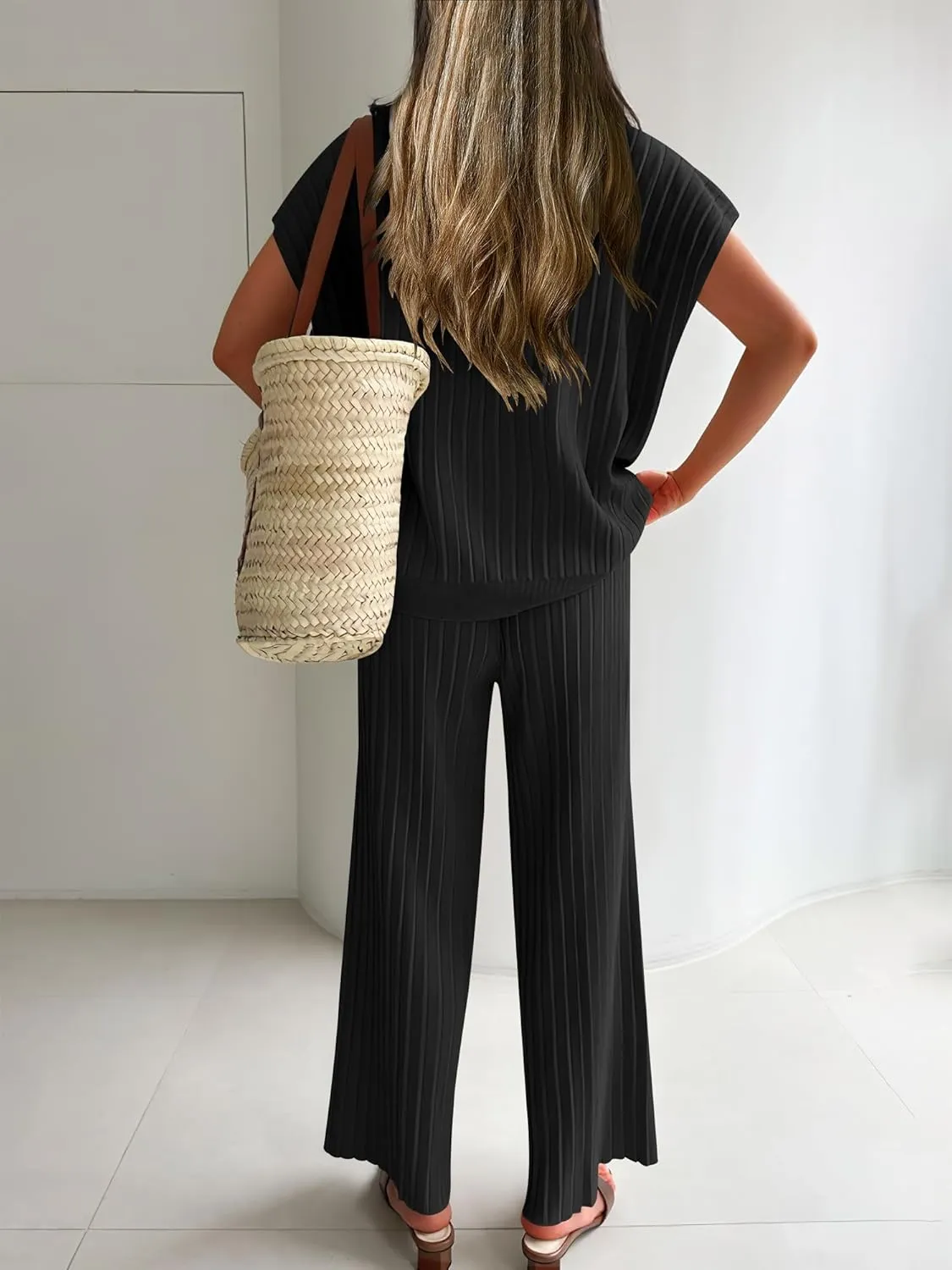 Caracilia Womens Two Piece Outfits Cap Sleeve Sweater Vest Wide Leg Lounge Pants Sets Casual Matching Summer Clothing