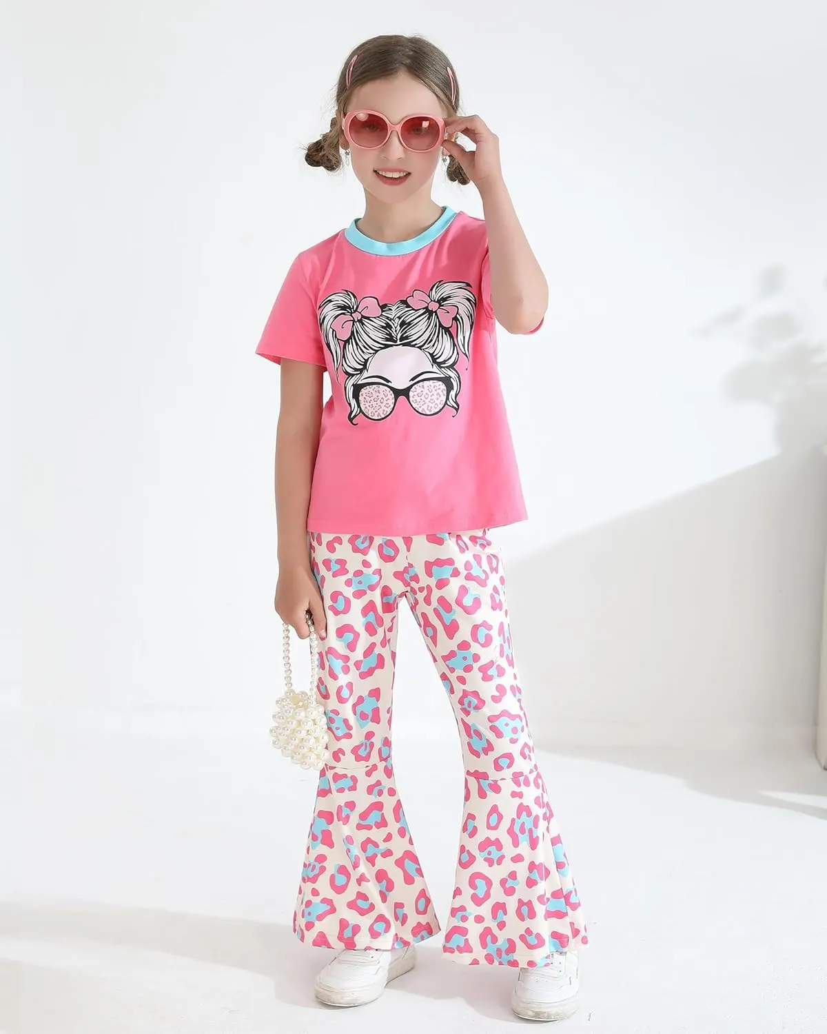 CARETOO Girls Summer Outfit Poster Girl Matching Sister 2pcs Sets Printed t-Shirt   Flare Leg Pants For 3-8 Years
