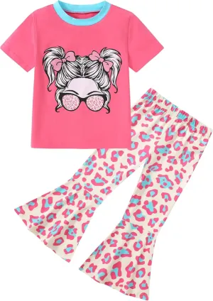 CARETOO Girls Summer Outfit Poster Girl Matching Sister 2pcs Sets Printed t-Shirt   Flare Leg Pants For 3-8 Years
