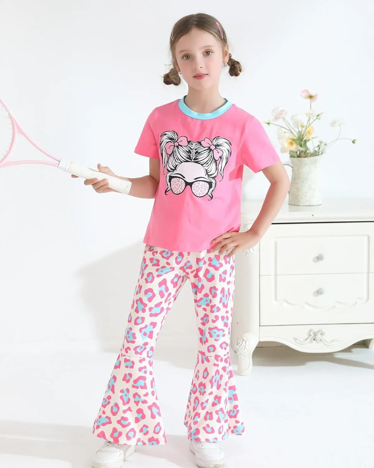 CARETOO Girls Summer Outfit Poster Girl Matching Sister 2pcs Sets Printed t-Shirt   Flare Leg Pants For 3-8 Years